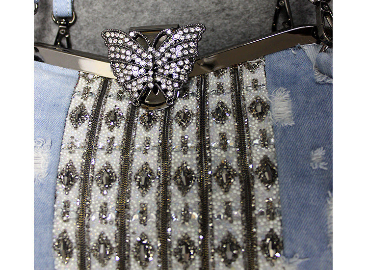 Light Blue Denim Butterfly Clip Rhinestone Crossbody Bag