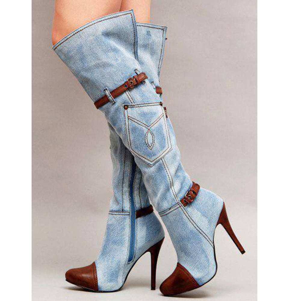Women's Denim Boots Stitching High Heel Knee-high Boots