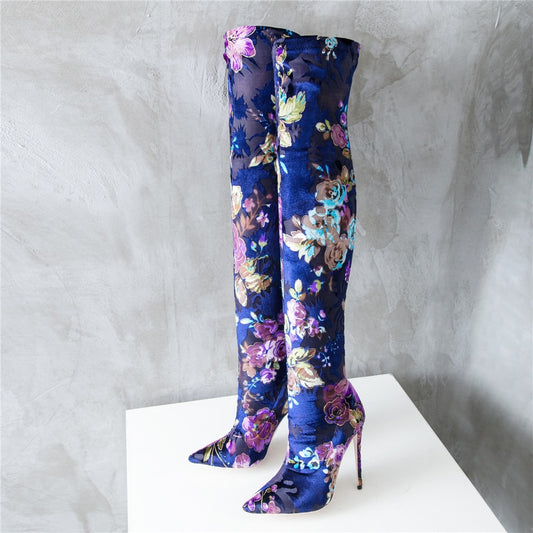 Sexy Flower Print Stiletto Stretch Sock Boots