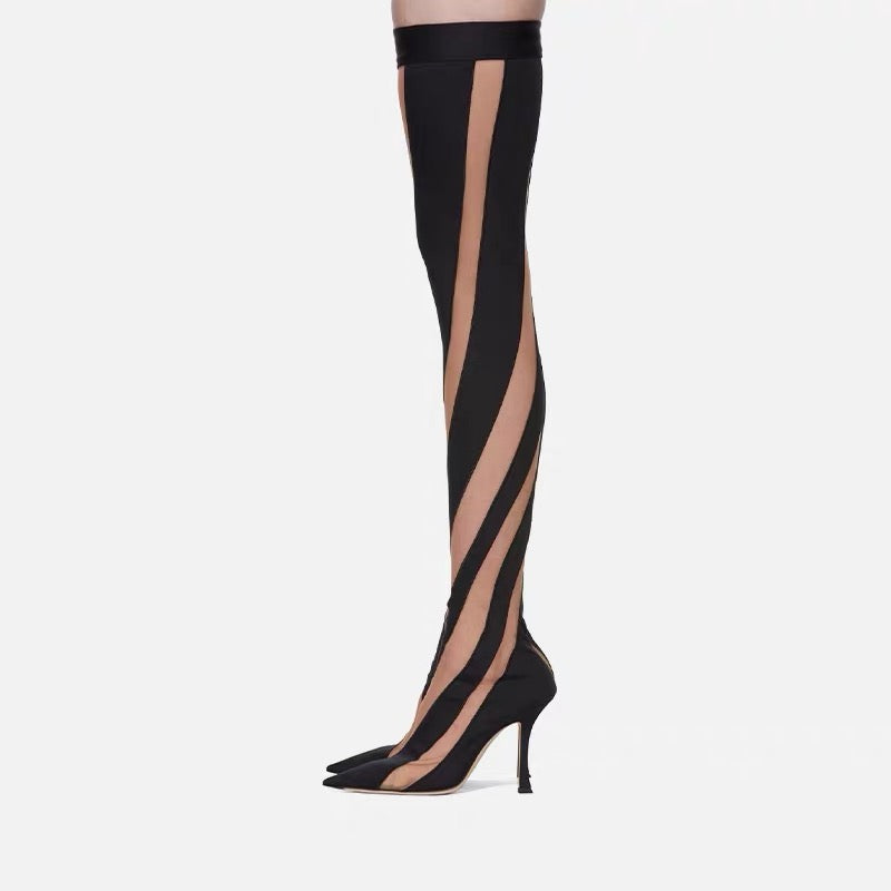 Women's Pointed Toe Hollow Mesh Over Knee High Heel Boots
