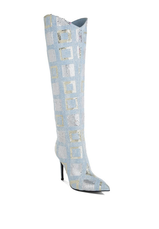 Sharmin Checkered Denim & Sequin Knee High Boots