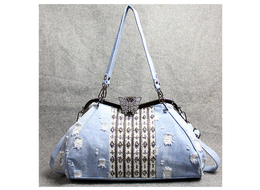 Light Blue Denim Butterfly Clip Rhinestone Crossbody Bag
