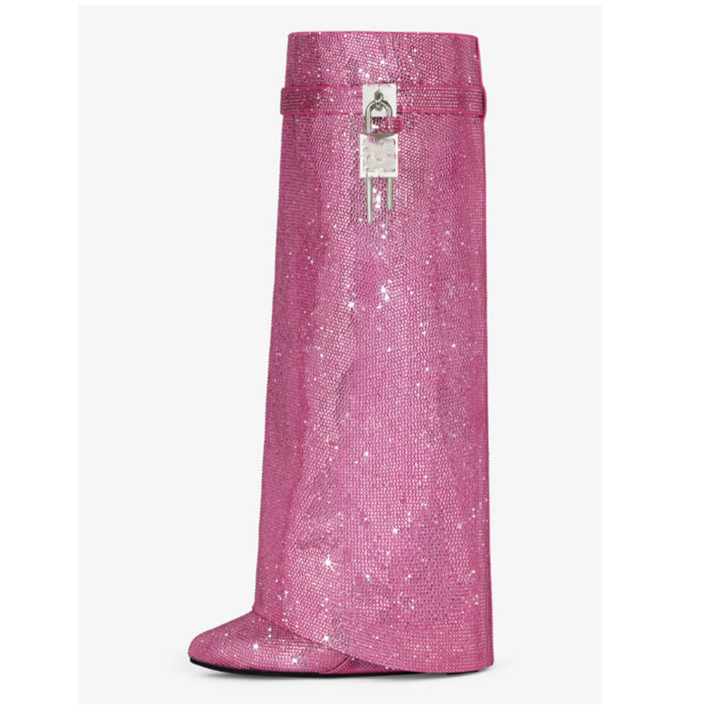 Round Toe Wedge Rhinestone Lock Shark Buckle Knee-high Boots