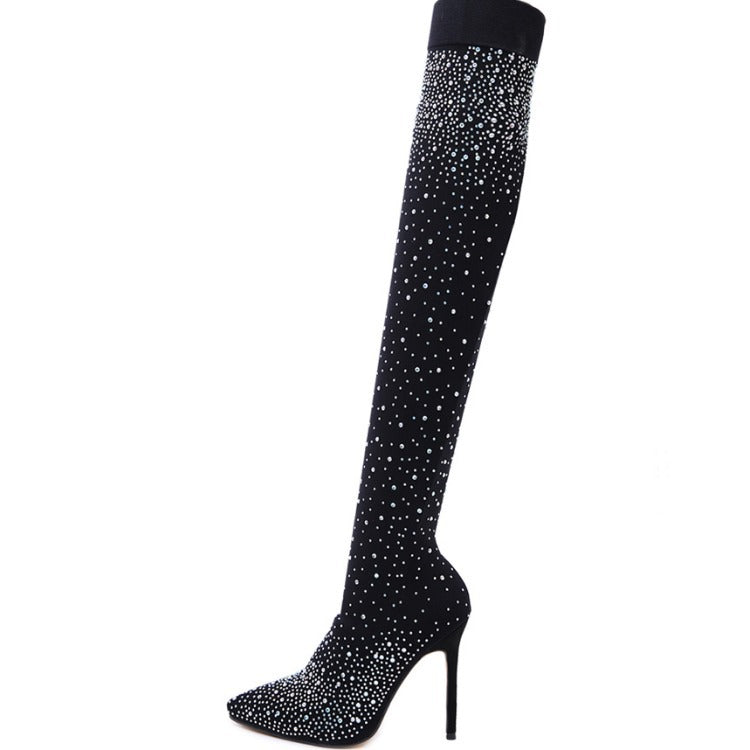 Over The Knee Fitted Boots With Pointed Toe And Thin Heels
