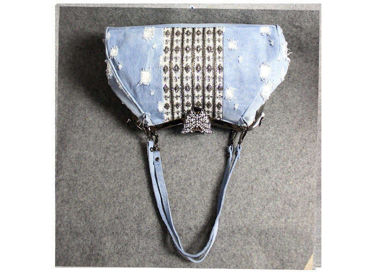 Light Blue Denim Butterfly Clip Rhinestone Crossbody Bag