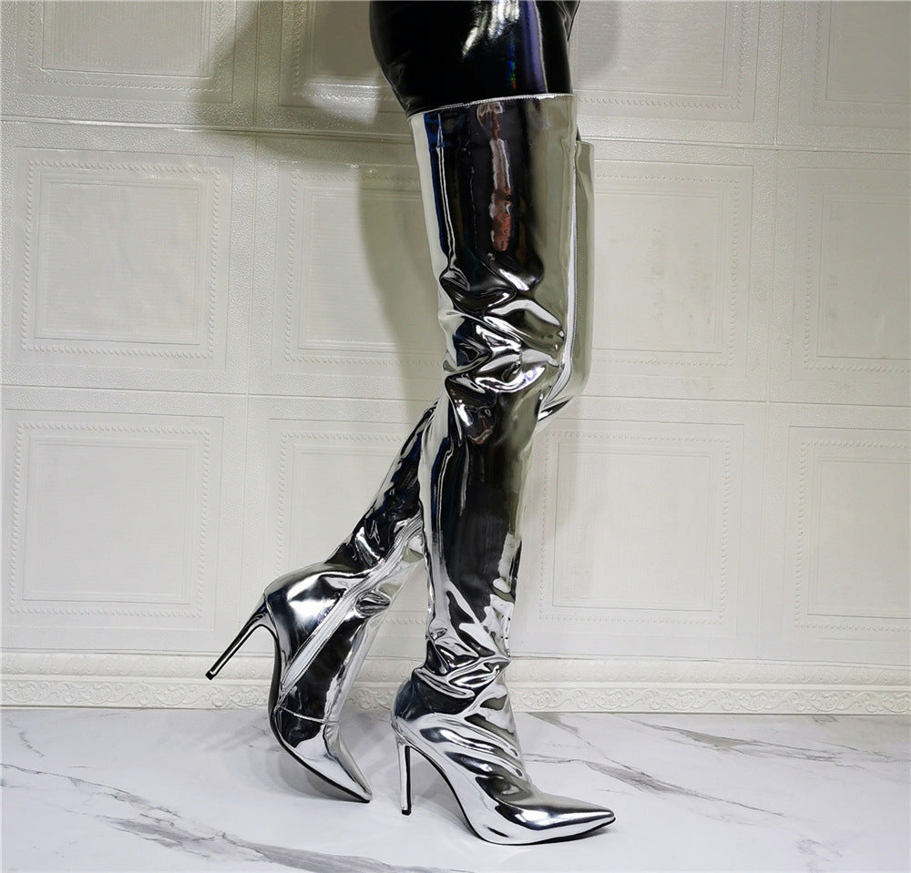 Women's Fashion Silver Patent Leather Thigh  High Boots