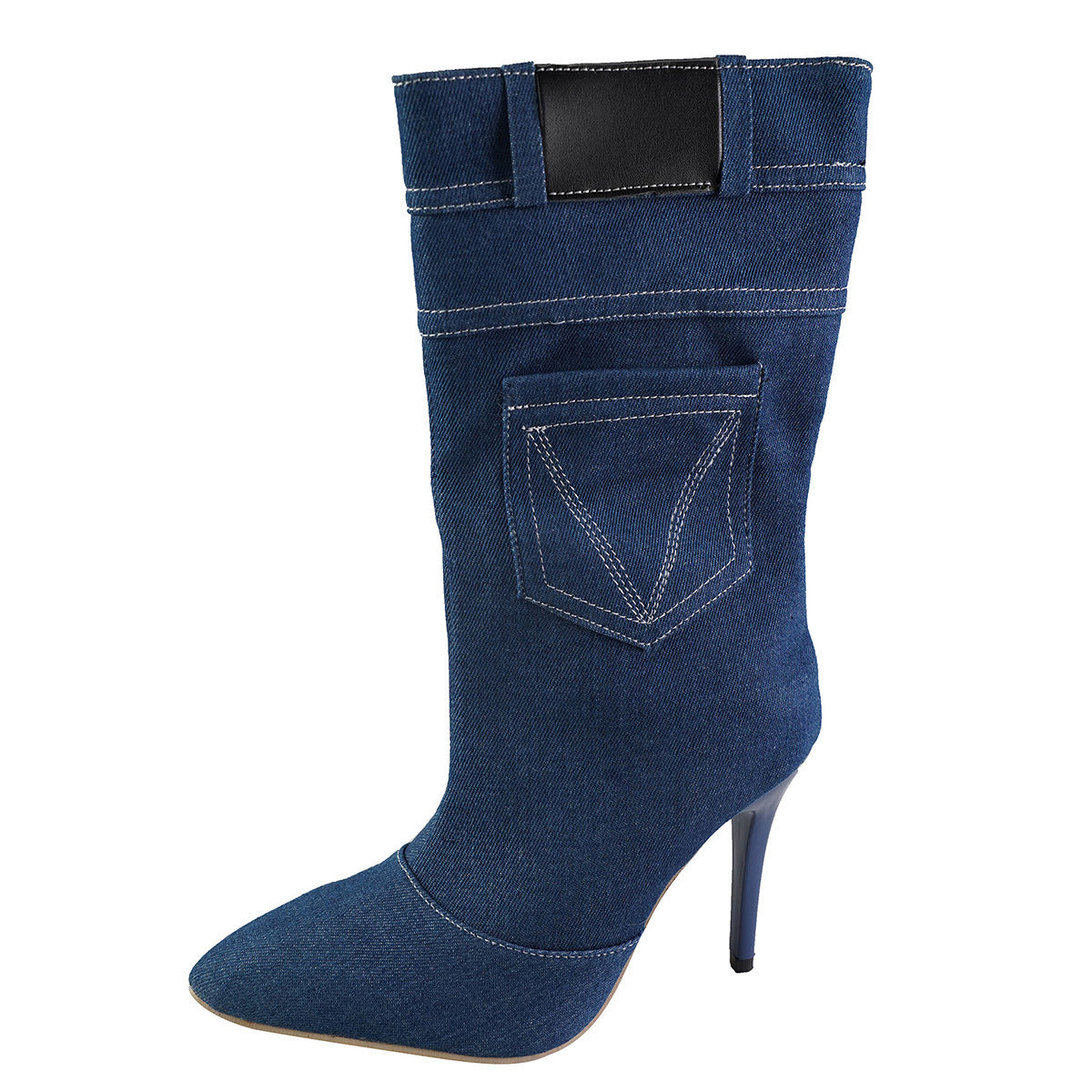 Women's Fashion Stiletto Pointed Toe  Denim Western Boots With Pocket Design