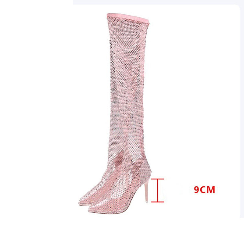 Over-the-knee Rhinestone Mesh Fishnet Boots