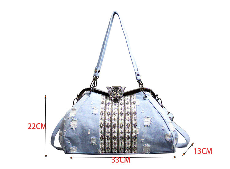 Light Blue Denim Butterfly Clip Rhinestone Crossbody Bag