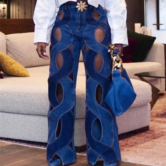 Women Streetwear Cutout Hollow Criss Cross Straight Flare Denim Pants
