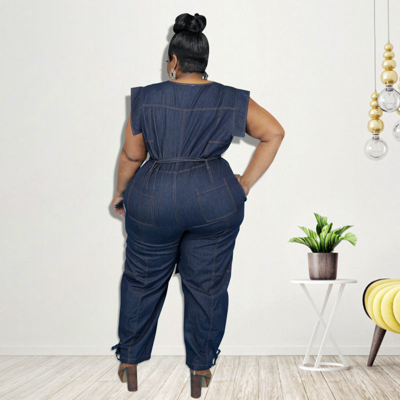 Plus Size New Style Washed Denim Casual Jumpsuit