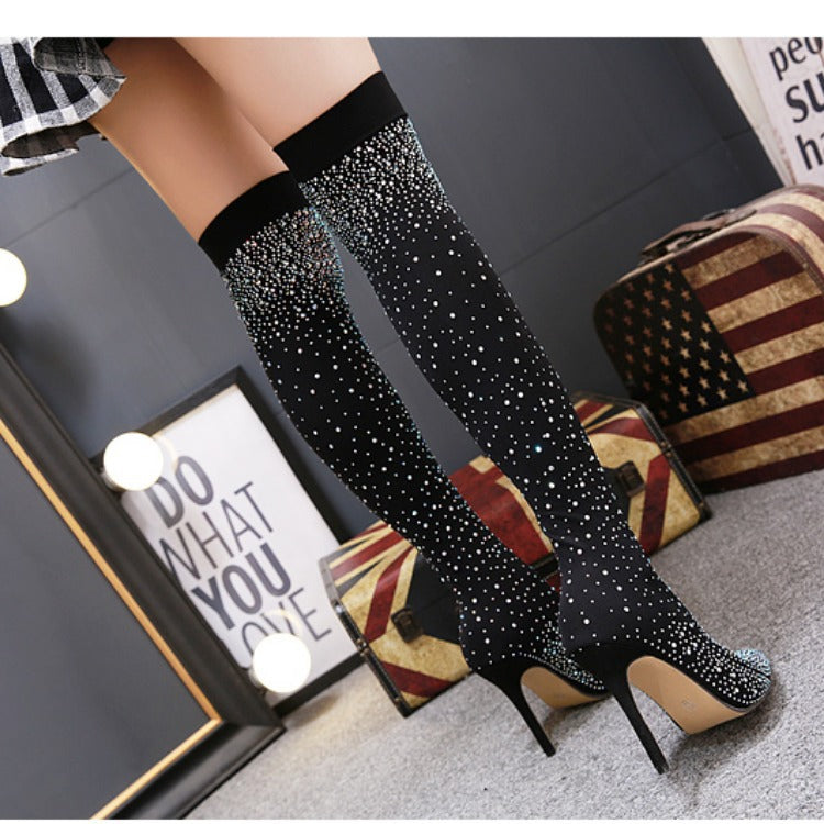Over The Knee Fitted Boots With Pointed Toe And Thin Heels