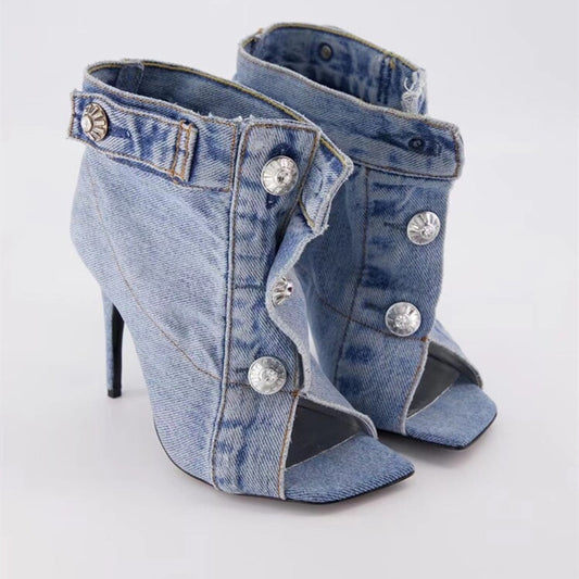 Short  Above Ankle High Heeled Rivets Denim  Boots