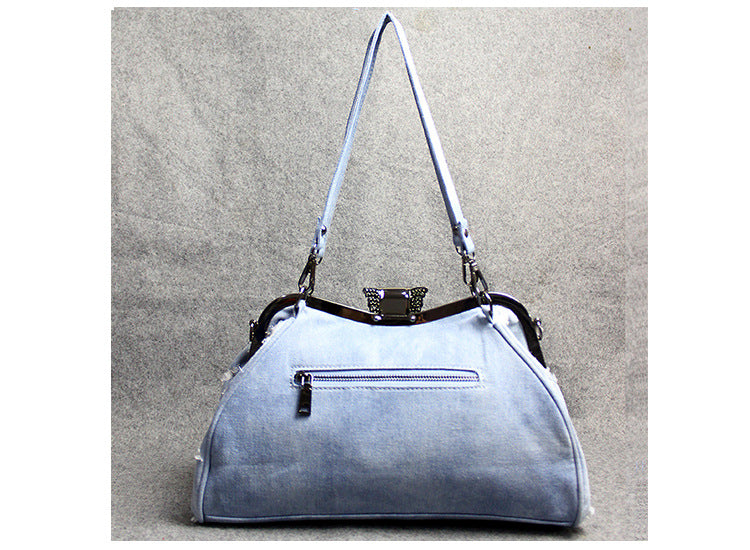 Light Blue Denim Butterfly Clip Rhinestone Crossbody Bag