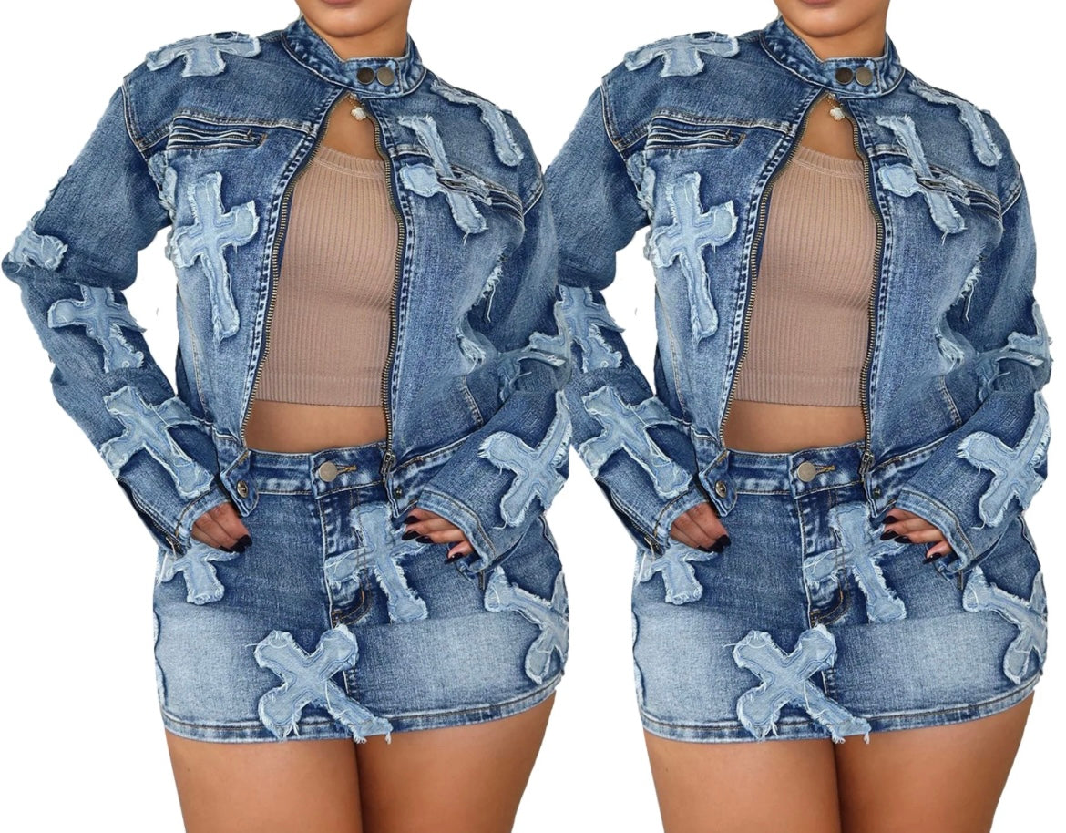 Denim Embroidered Cross Short Skirt Set