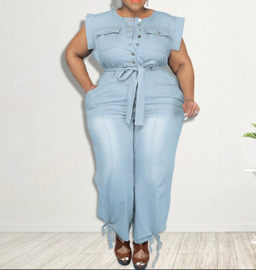 Plus Size New Style Washed Denim Casual Jumpsuit