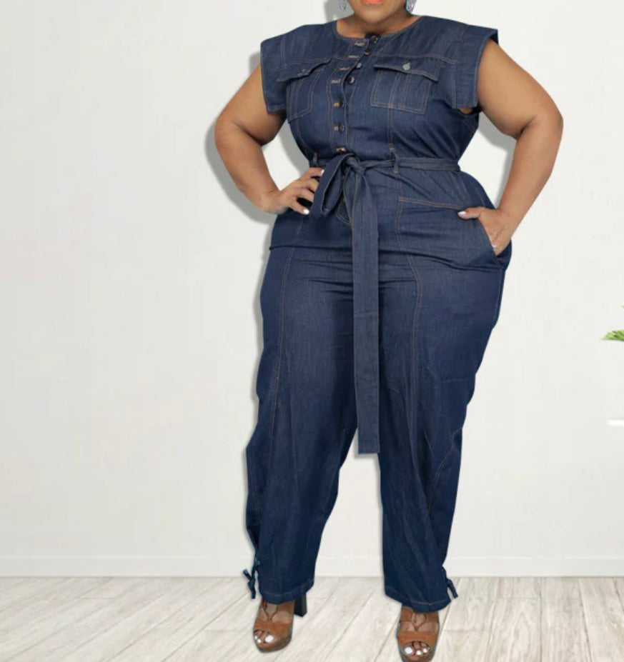 Plus Size New Style Washed Denim Casual Jumpsuit