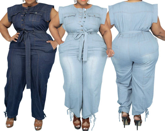 Plus Size New Style Washed Denim Casual Jumpsuit
