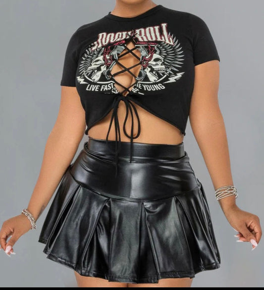 Women Short Pleated PU leather Skirt Set