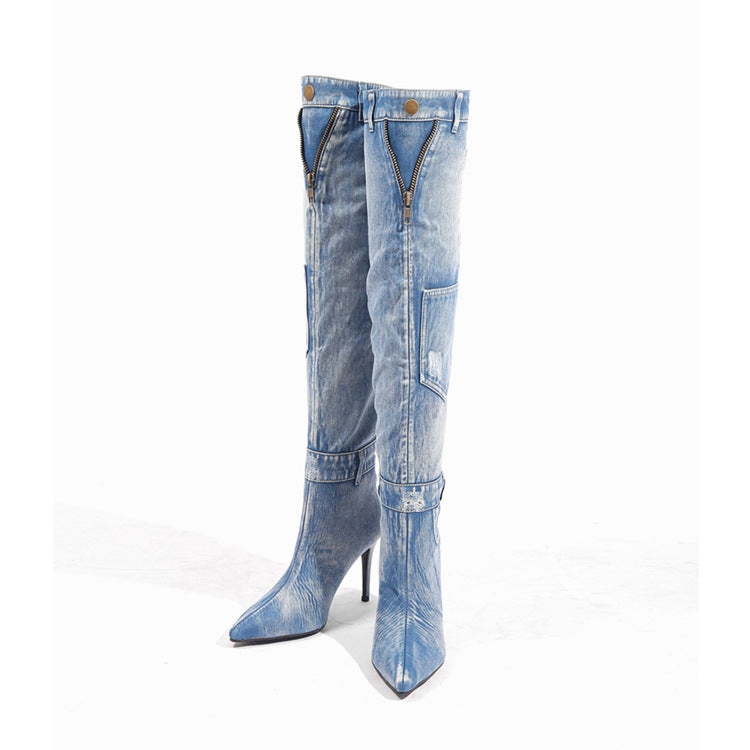 New Denim Over The Knee Skinny Heel Rider Boots