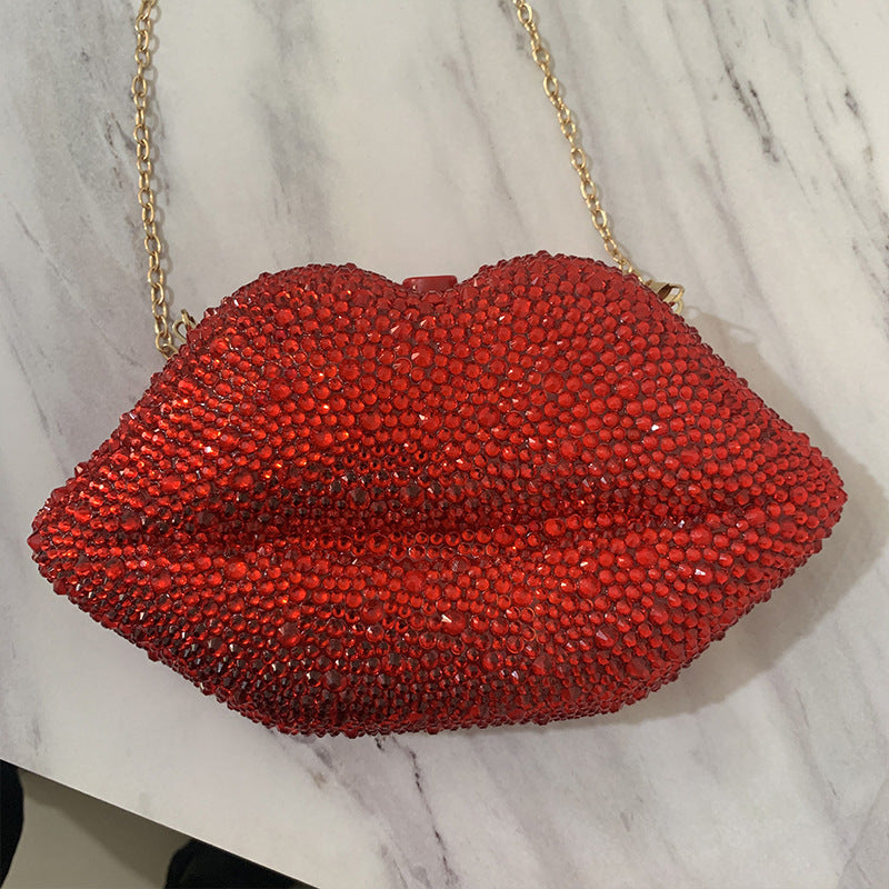 Rhinestone Acrylic Red Lips Chain Dinner Bag