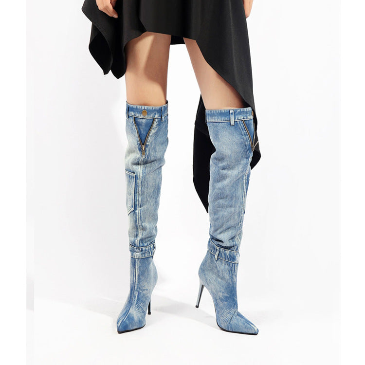 New Denim Over The Knee Skinny Heel Rider Boots
