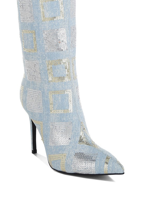 Sharmin Checkered Denim & Sequin Knee High Boots