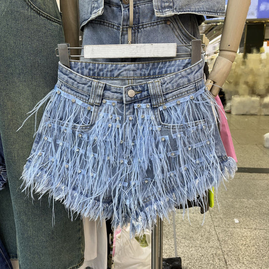 Rhinestone Ostrich Feather Tassel Denim Shorts
