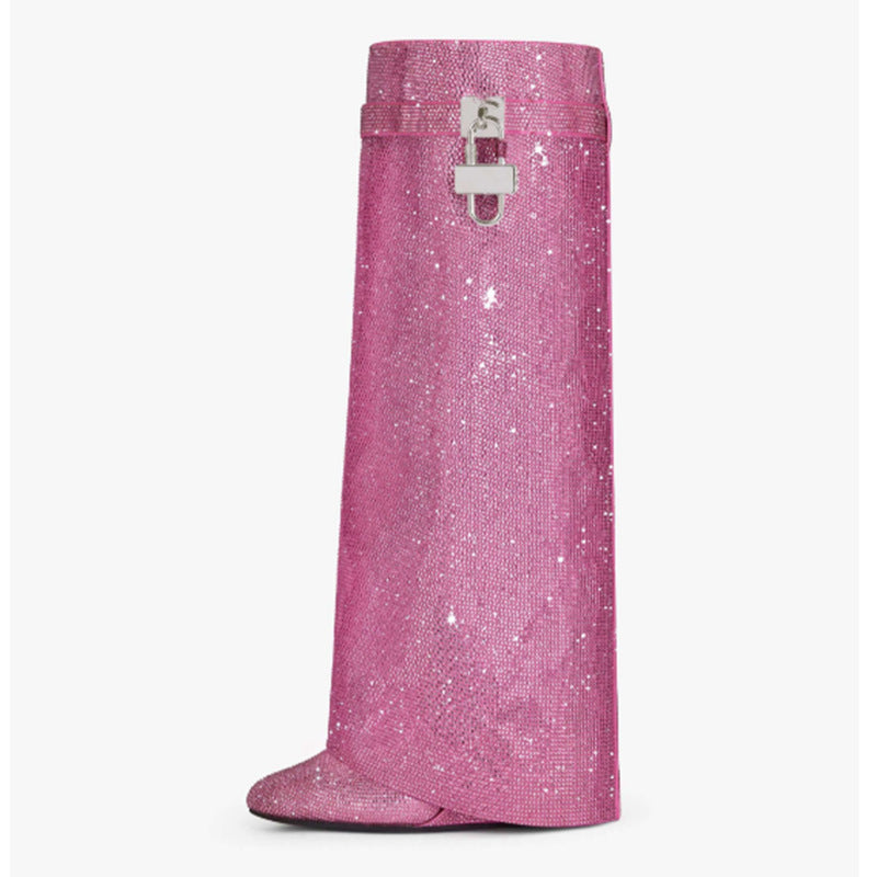 Round Toe Wedge Rhinestone Lock Shark Buckle Knee-high Boots