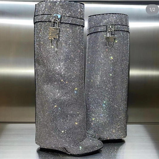 Round Toe Wedge Rhinestone Lock Shark Buckle Knee-high Boots