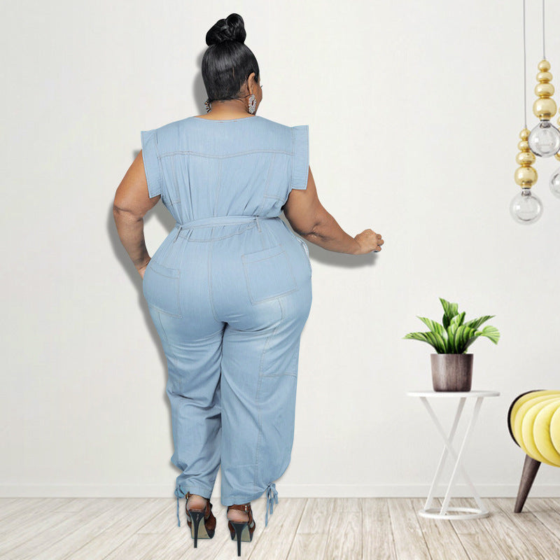 Plus Size New Style Washed Denim Casual Jumpsuit