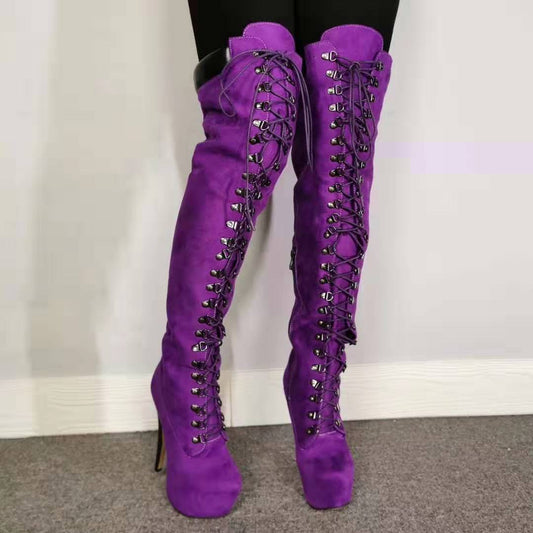 Women's Laced Up Purple Knee Boots