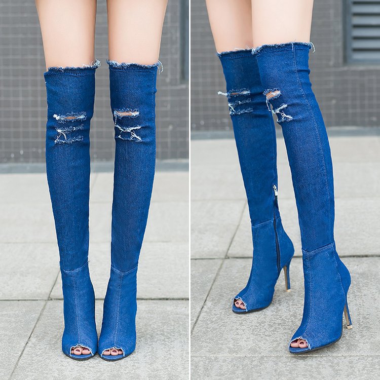 Open Toe Denim Stretch Knee Boots
