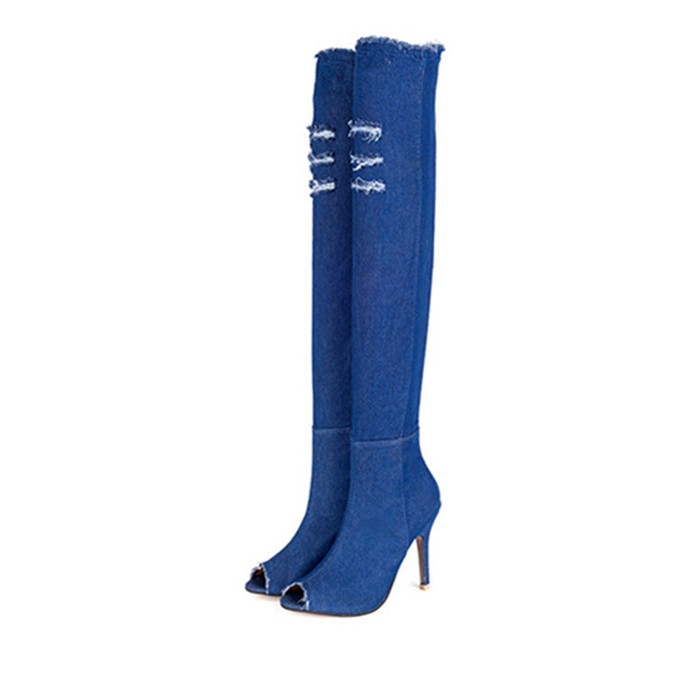 Open Toe Denim Stretch Knee Boots
