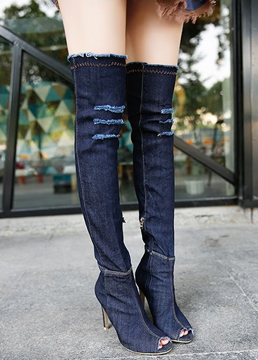 Open Toe Denim Stretch Knee Boots